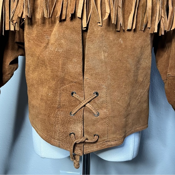 Vintage Wilson’s Leather Brown Suede Fringe Trim Diagonal Snap Button Jacket - Picture 9 of 13